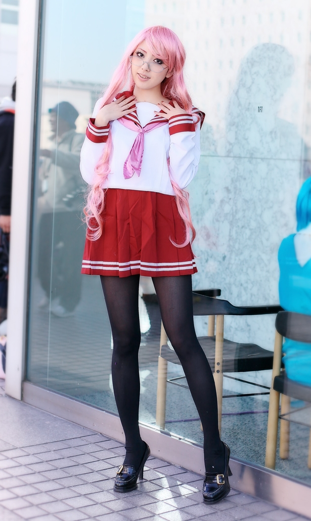 Pink Haired Schoolgirl wearing Black Opaque Pantyhose and Black Shoes